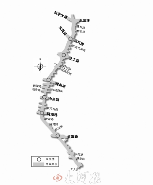 截至目前，僅剩西三環(huán)跨長江路、丹青路高架橋金水河處一座箱梁尚未澆筑。