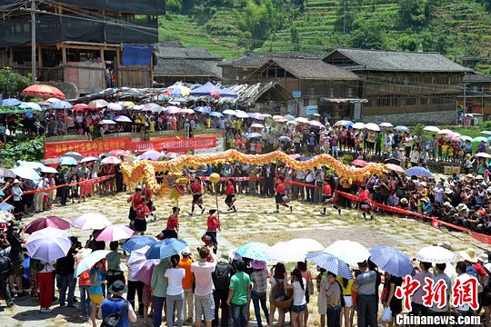 圖為當(dāng)?shù)丶t瑤民眾舞起長龍祈求風(fēng)調(diào)雨順。中新社發(fā) 韋吉陽 攝