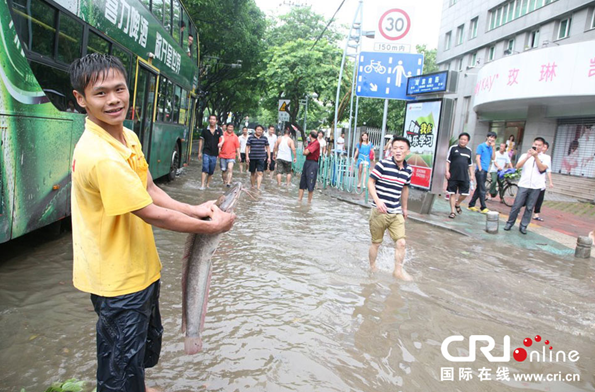 臺風過后廈門城區(qū)積水 市民“渾水摸魚”收獲豐