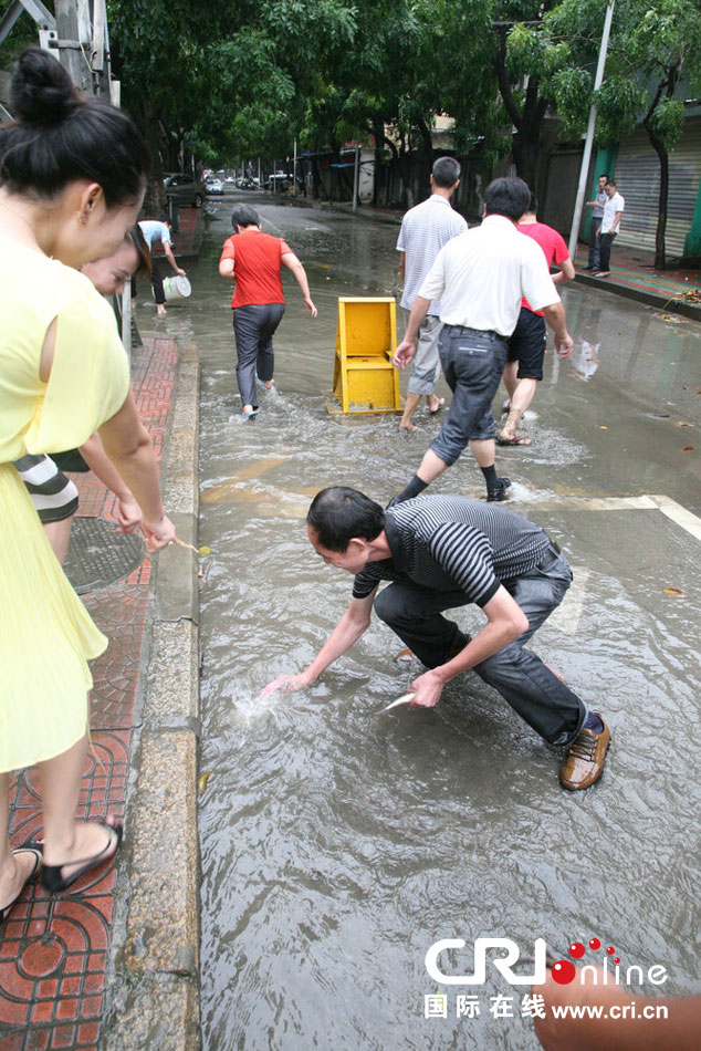 臺風過后廈門城區(qū)積水 市民“渾水摸魚”收獲豐