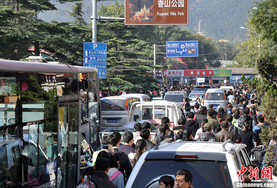 圖為10月26日上午10點(diǎn)多，北京香山路賞紅客摩肩接踵