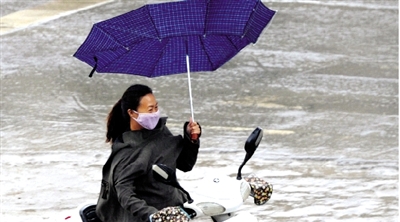 昨日下午，隴海路上，雨中風(fēng)大，一位女士的傘被吹翻了。