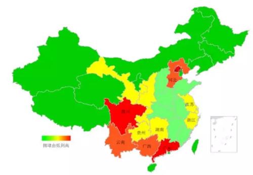 端午期間省域擁堵情況。來(lái)源：交通部聯(lián)合其他機(jī)構(gòu)發(fā)布的《2018年端午全國(guó)公路網(wǎng)出行預(yù)測(cè)報(bào)告》。