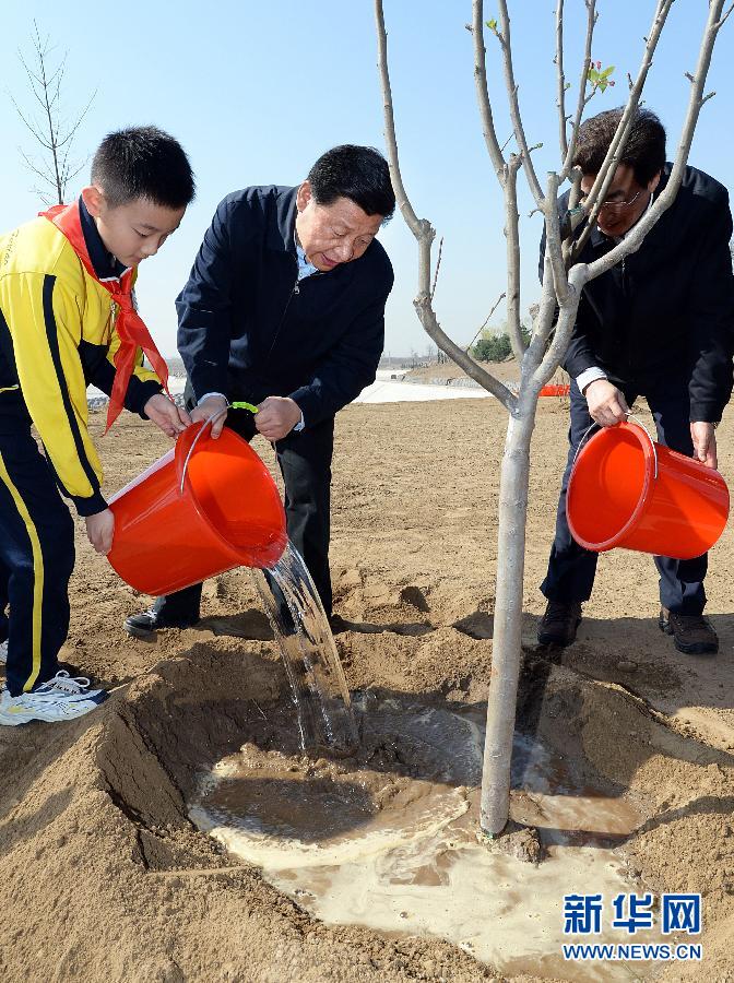 這是習(xí)近平同大家一起給剛栽下的樹苗澆水。