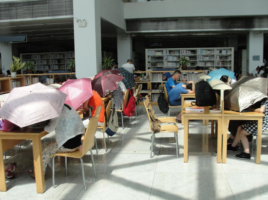 圖書館內(nèi)撐傘讀書的民眾。