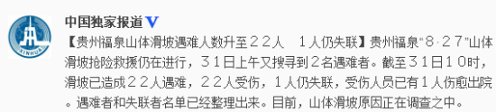 貴州福泉山體滑坡遇難人數(shù)升至22人1人仍失聯(lián)